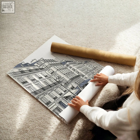 Black and white london skyline cityscape wall pictures living room art prints partially rolled on beige carpet