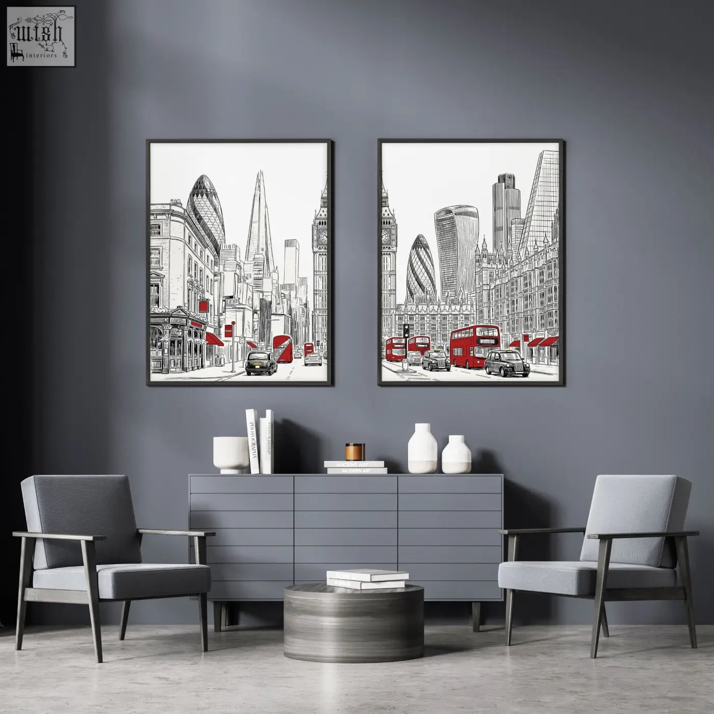 Two framed black and white london skyline line drawings with red buses perfect wall pictures living room decor set of 2