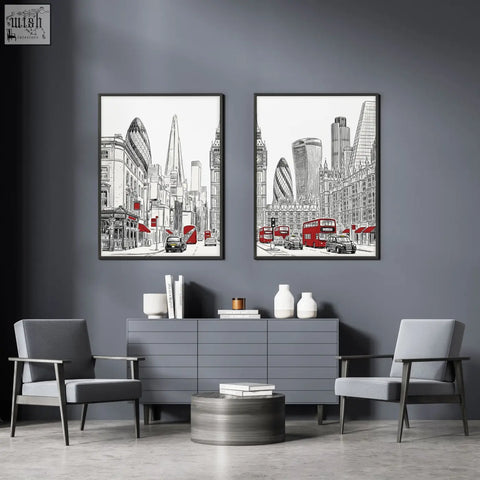 Two framed black and white london skyline line drawings with red buses perfect wall pictures living room decor set of 2