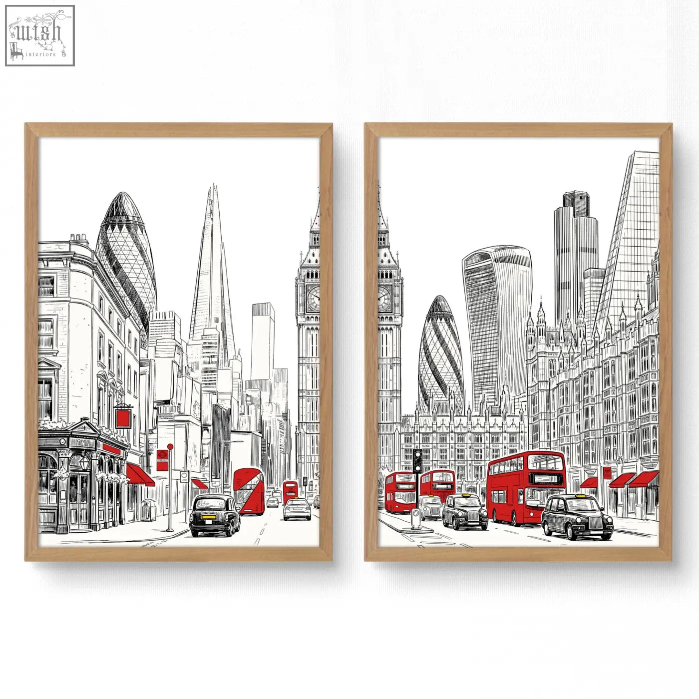 Two framed black white and red london skyline wall pictures living room art prints featuring iconic cityscapes