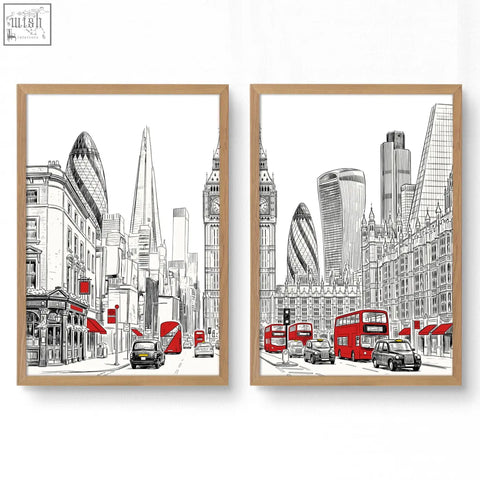 Two framed black white and red london skyline wall pictures living room art prints featuring iconic cityscapes