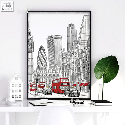 Black-framed wall pictures living room set featuring london skyline in black white and red for stylish decor