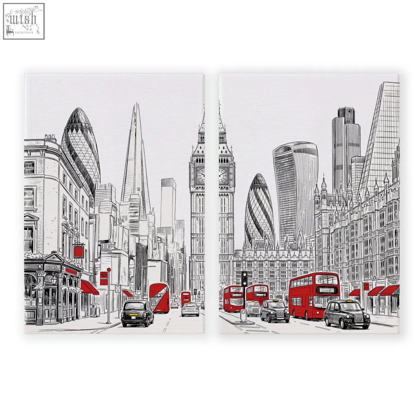 Two-panel canvas wall pictures living room london skyline in black white with red double-decker buses art prints set 2