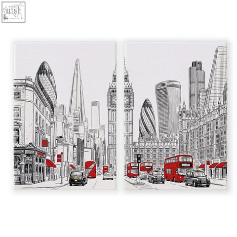 Two-panel canvas wall pictures living room london skyline in black white with red double-decker buses art prints set 2