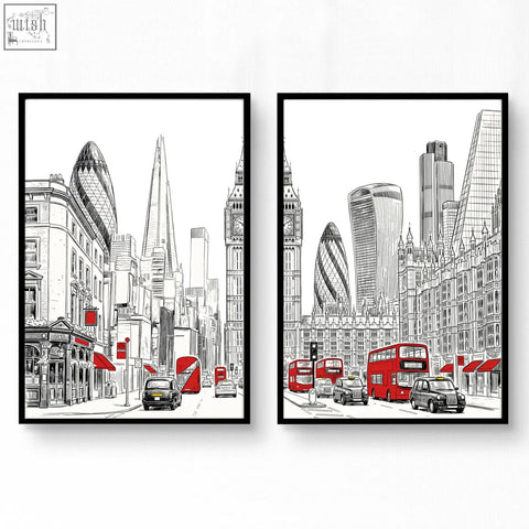 Black-framed wall pictures living room set of 2 london skyline art prints with red buses in monochrome style