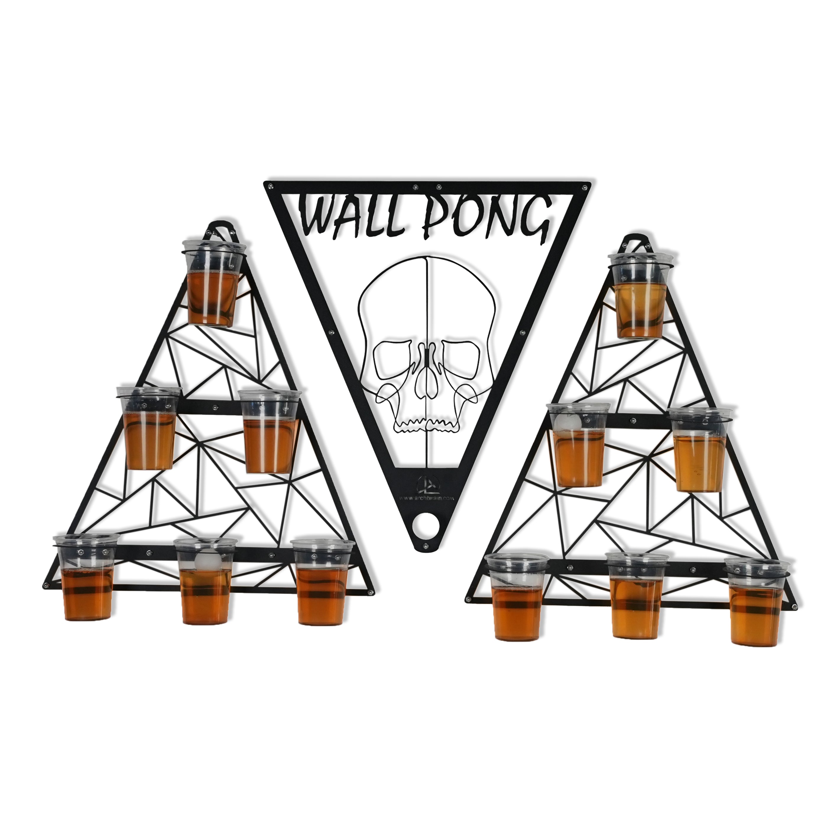 Black metal wall pong drinking game with geometric triangular frames holding opposing team’s cups filled with amber liquid