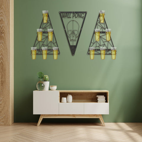 Black metal wall pong rack with triangular design and skull motif for holding opposing teams cups in drinking game