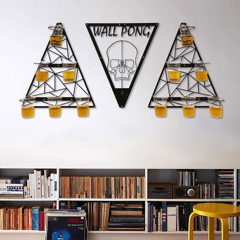 Black metal wall pong drinking game with skull design and amber cups for aiming at the opposing teams cups