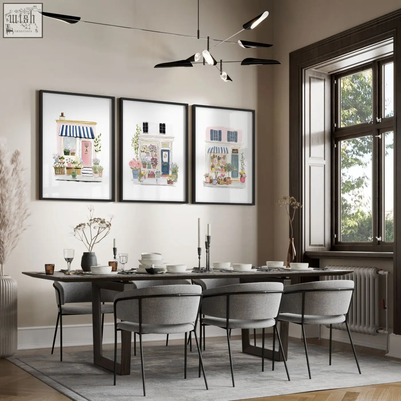Three framed wall prints blue of charming flower shop storefronts with striped awnings for dining room decor