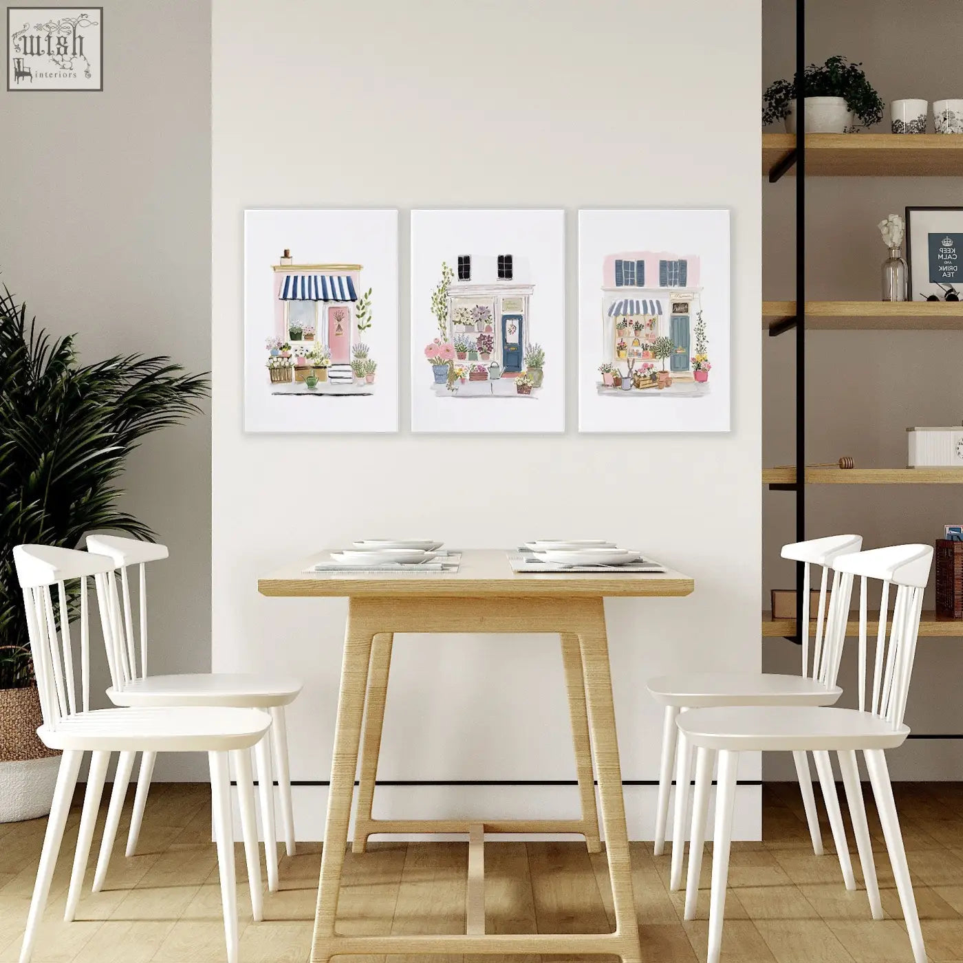 Set of 3 framed wall prints blue featuring charming flower shop storefronts with striped awnings for dining room decor