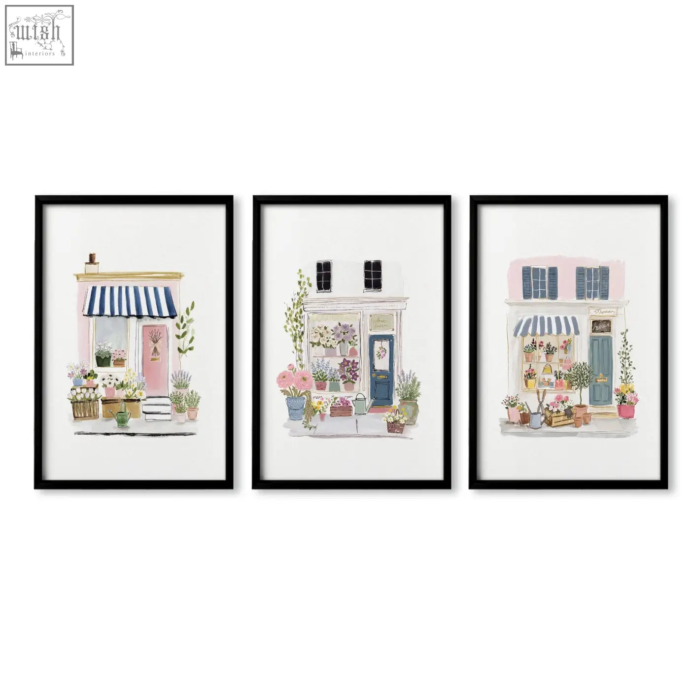 Set of 3 wall prints blue flower shop watercolor art featuring pastel flower shops perfect for dining room decor