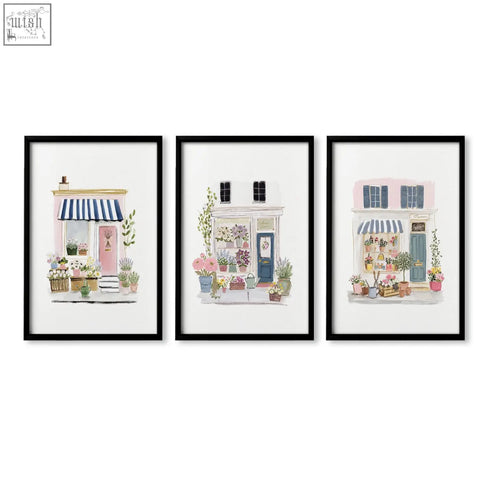 Set of 3 wall prints blue flower shop watercolor art featuring pastel flower shops perfect for dining room decor