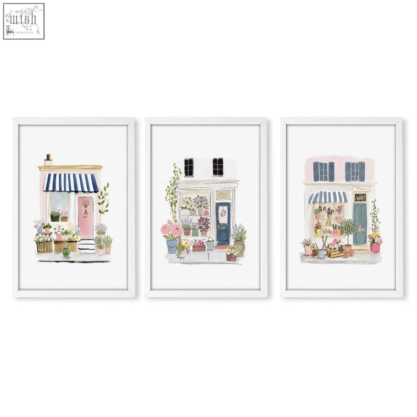 Set of 3 wall prints blue flower shop watercolor art featuring pastel facades and striped awnings for dining room decor
