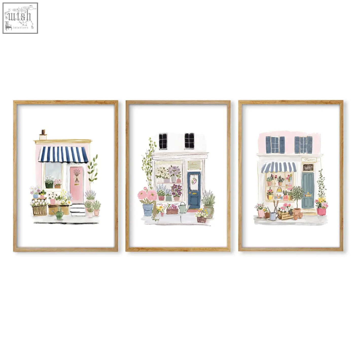 Three framed wall prints blue flower shop illustrations with pastel facades perfect for dining room decor