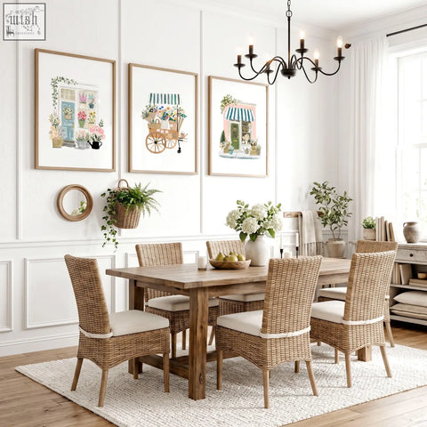 Woven wicker dining chairs with cream cushioned seats shown in a dining room next to wall prints blue flower shop art