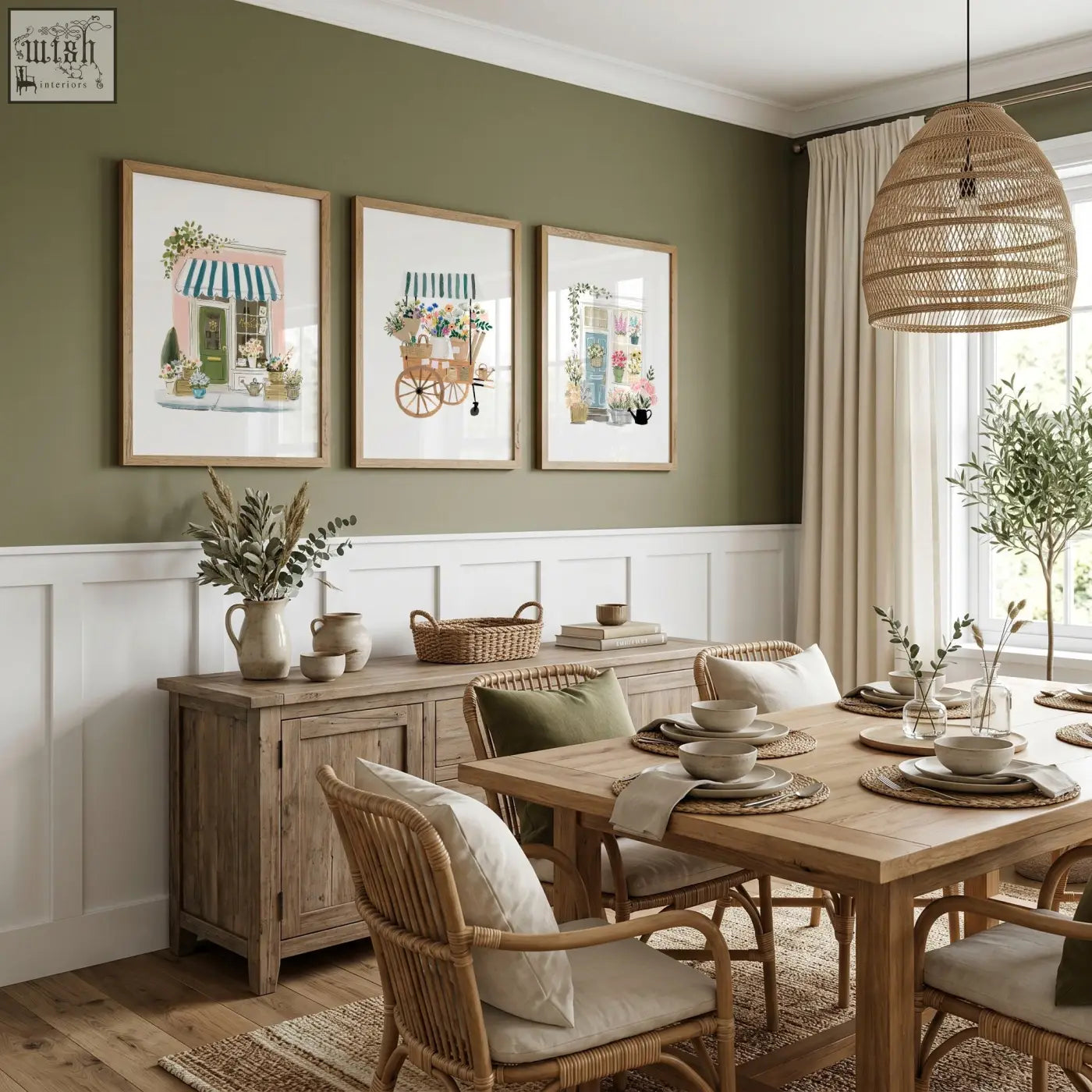 Set of three light wood framed wall prints blue featuring botanical illustrations perfect for dining room or flower shop decor