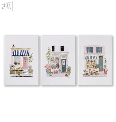 Set of 3 wall prints blue flower shop watercolor art featuring pastel facades and vibrant floral displays for dining room