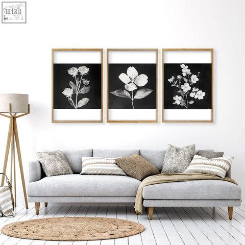 Three framed wall prints with black and white botanical florals in light wood frames for french country living room decor
