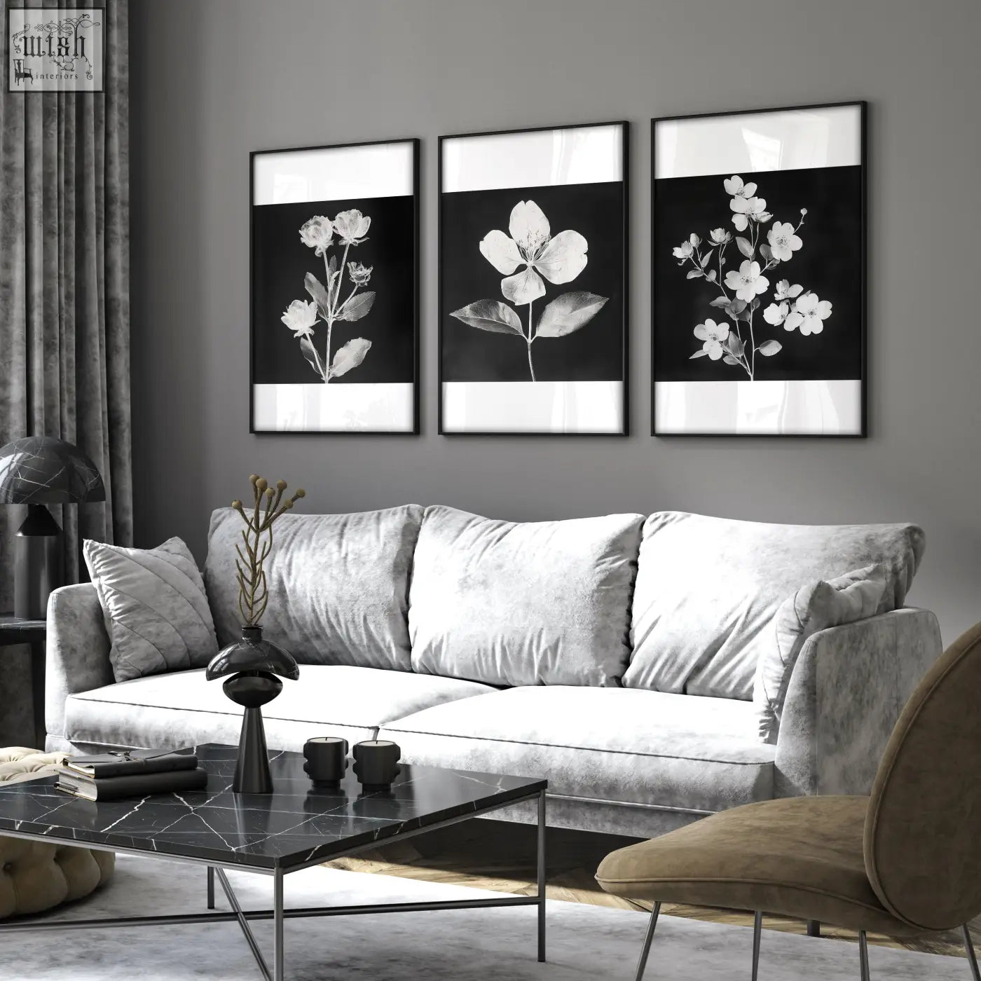 Set of three black and white botanical floral wall prints in sleek black frames perfect for living room french country decor