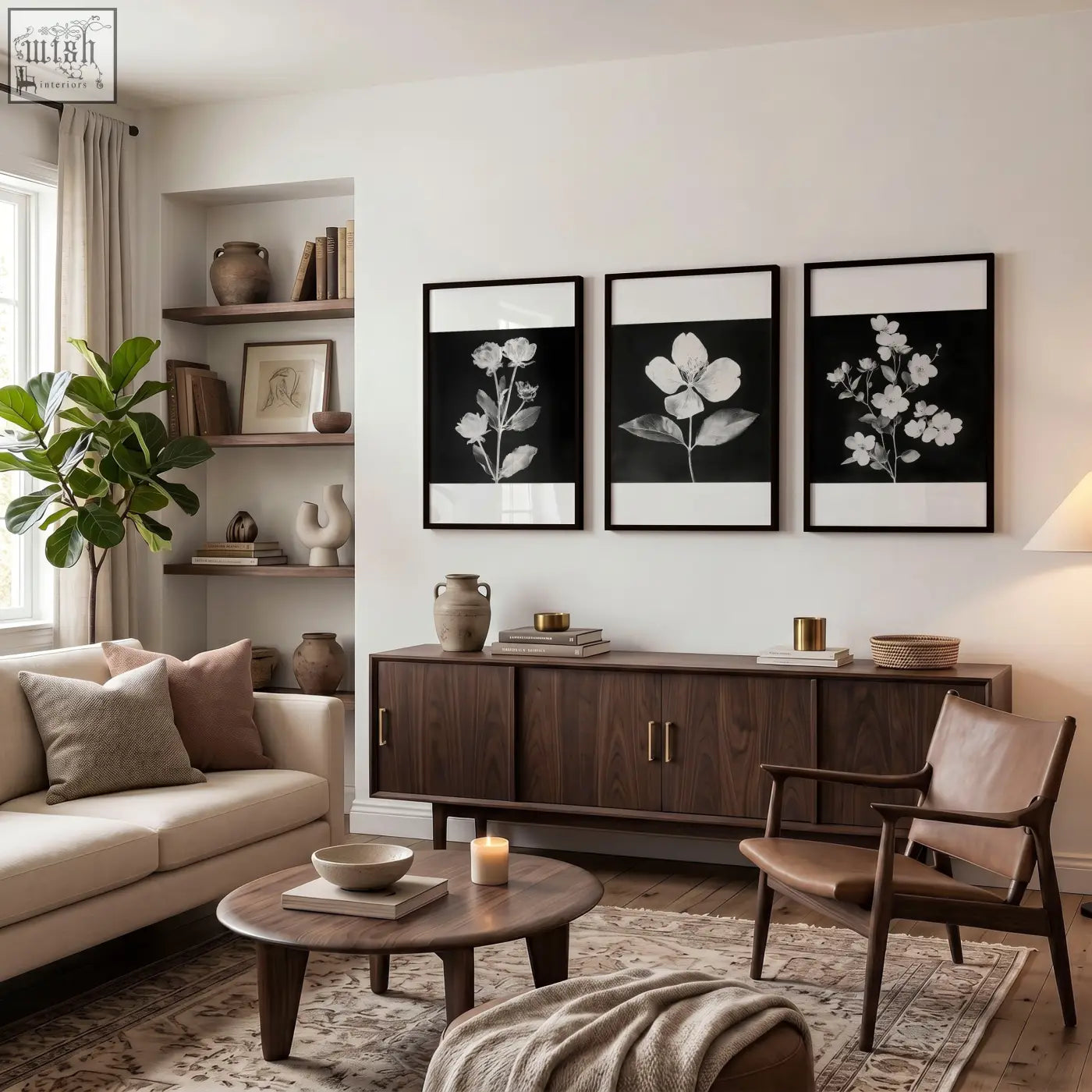Dark wood sideboard with sleek gold handles displaying white botanical wall prints in a french country living room setup