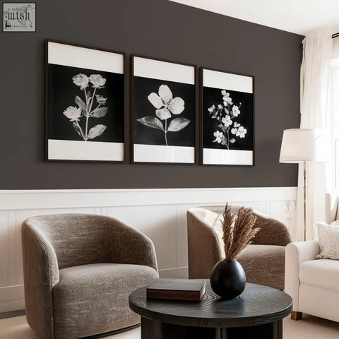 Black ceramic vase with dried pampas grass next to white botanical wall prints for living room french country decor set of 3