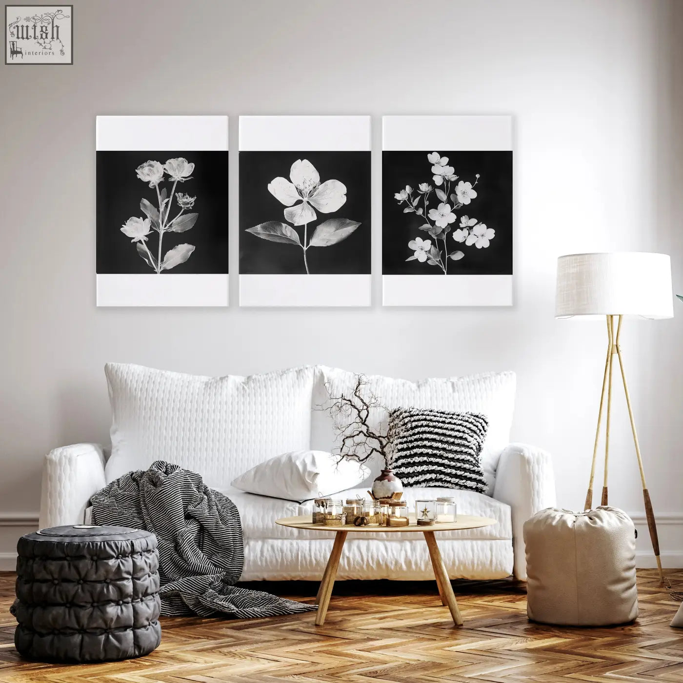 Set of 3 black and white botanical wall prints with white borders for living room french country style decor above sofa