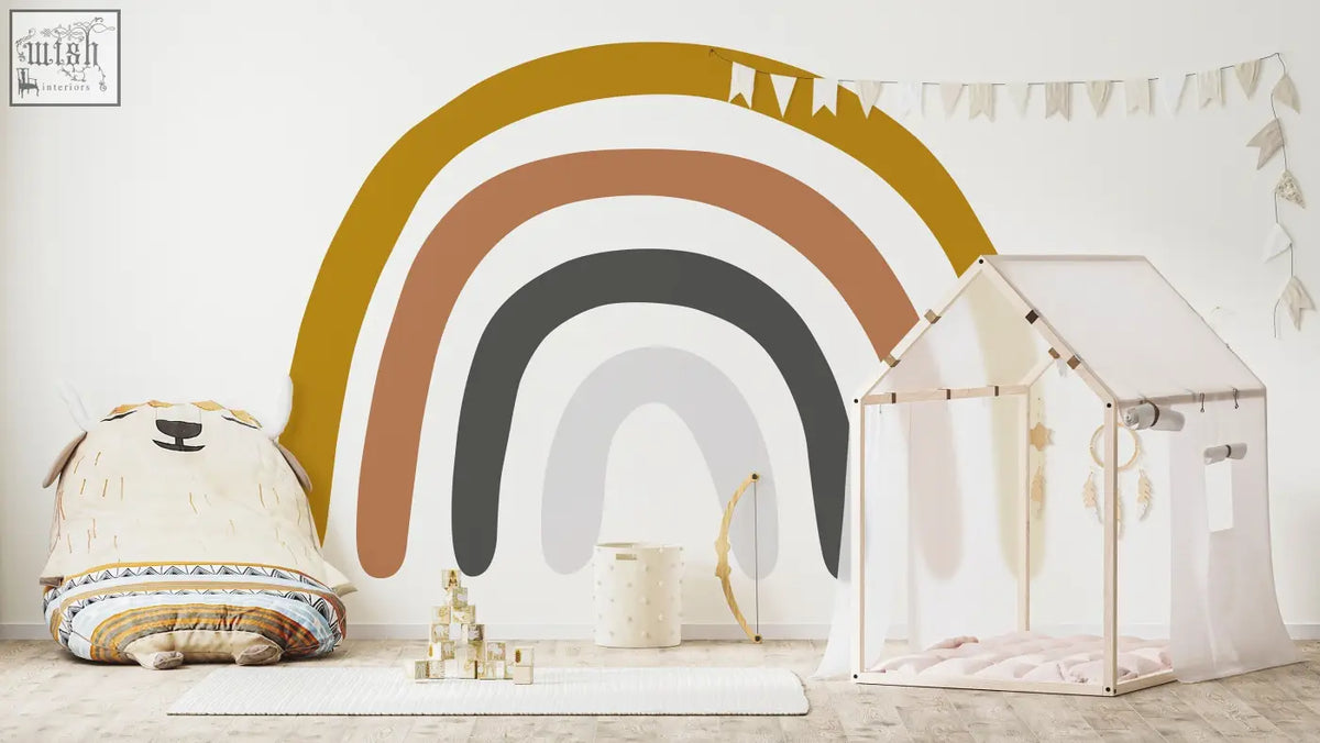 Minimalist multi-colored wall decal with bold mustard yellow terracotta charcoal gray and soft white stripes sticker drawn rainbow