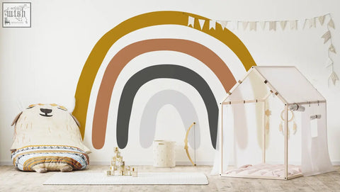Minimalist multi-colored wall decal with bold mustard yellow terracotta charcoal gray and soft white stripes sticker drawn rainbow