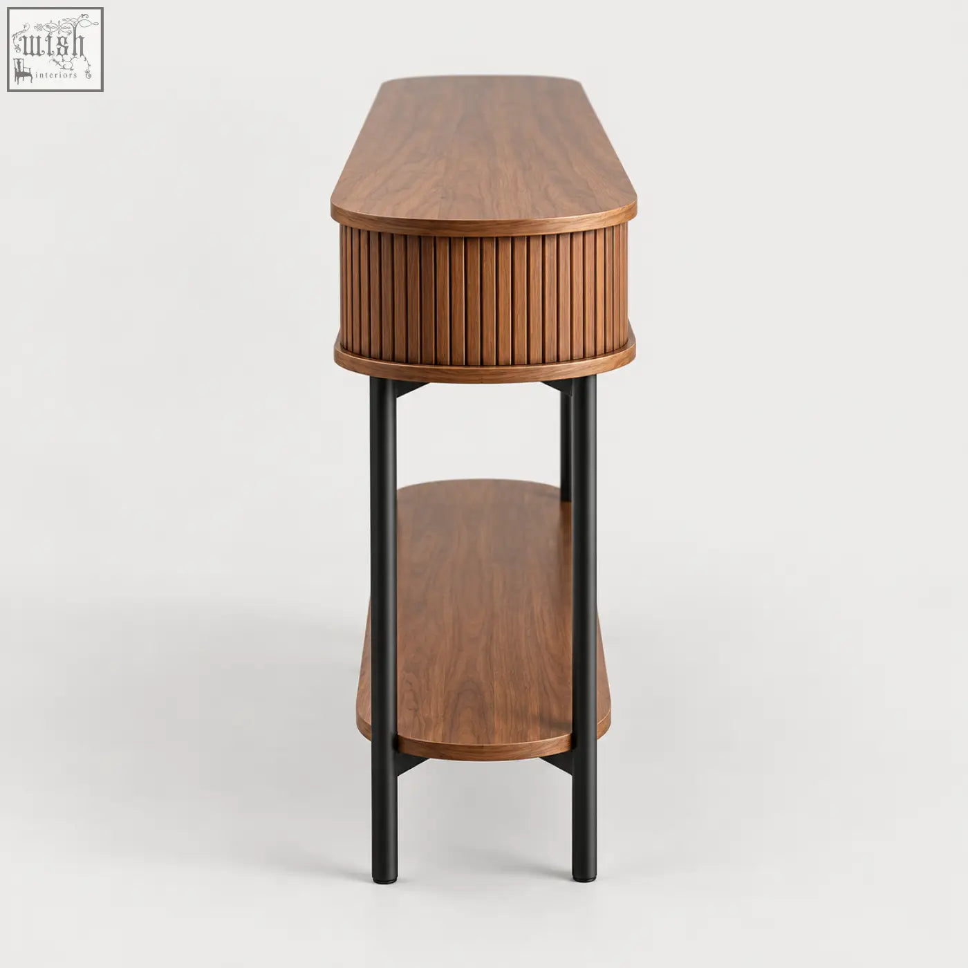 Walnut fluted console table with ribbed wood design black metal legs sliding storage and open shelf console table