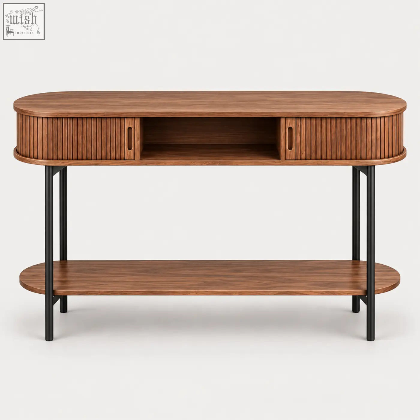 Modern walnut fluted console table with oval shape, warm wood finish, black metal legs, and sliding storage drawers
