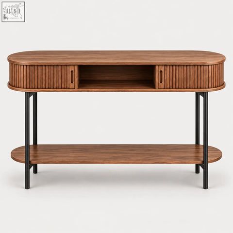 Modern walnut fluted console table with oval shape, warm wood finish, black metal legs, and sliding storage drawers