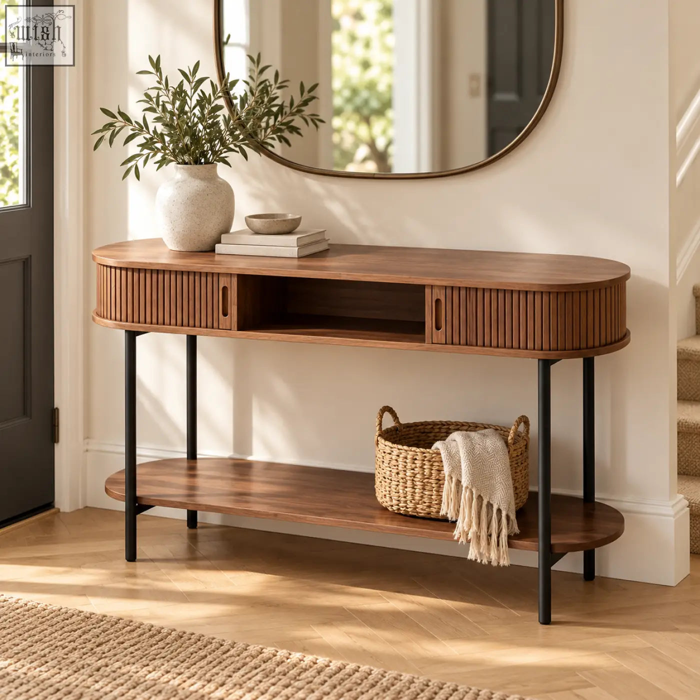 Modern walnut fluted console table with sliding storage, warm wood finish, black metal legs, and vertical slat sides