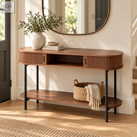 Modern walnut fluted console table with sliding storage, warm wood finish, black metal legs, and vertical slat sides