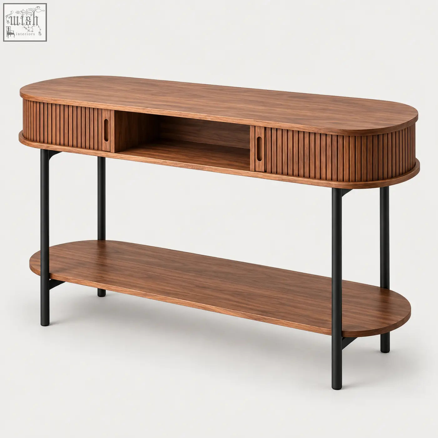 Modern walnut fluted console table with rich brown wood finish black metal legs fluted drawers and open center shelf