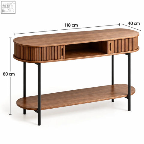 Modern oval walnut fluted console table with warm wood finish black metal legs and two vertical slatted drawers