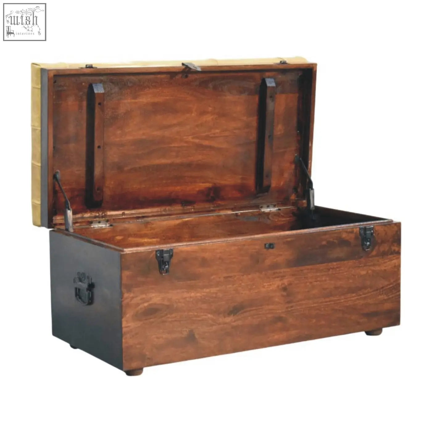 Walnut storage trunk bench with rich brown wood black metal latches and tan leather seat showing open lid interior