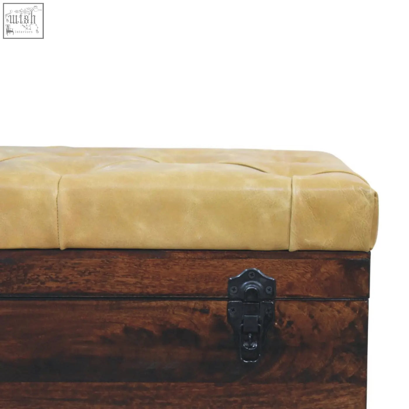 Walnut storage trunk bench with tan leather top and dark metal latch for stylish storage and seating