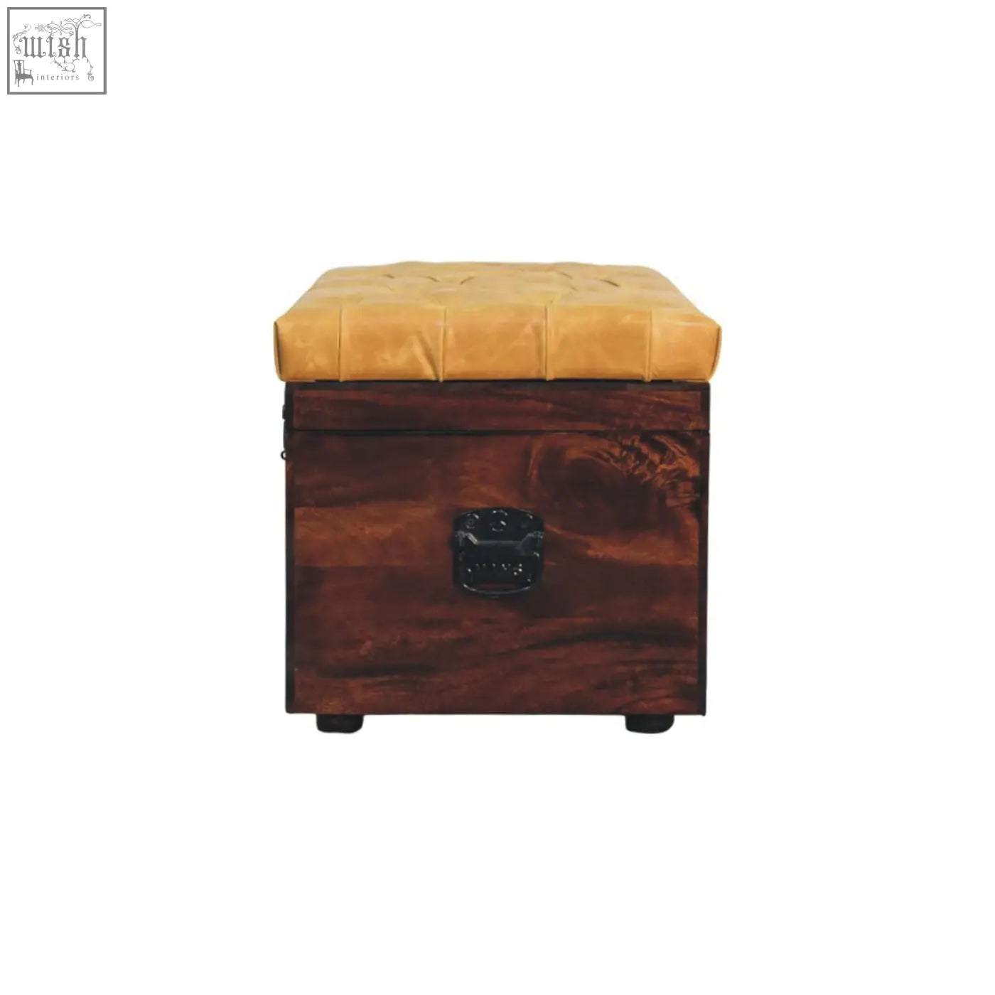A tufted mustard-yellow leather top sits on a dark walnut storage trunk bench with a black metal handle and tan leather seat