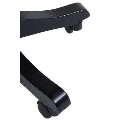 Black leather effect home office chair armrest in smooth curved design with integrated caster wheels for easy movement