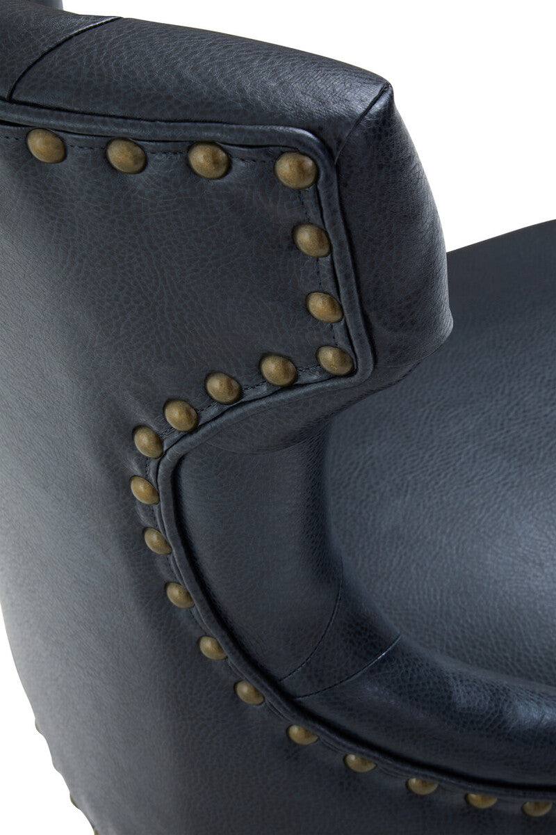 Dark blue leather armchair with brass nailhead trim in walson black leather effect home office chair style