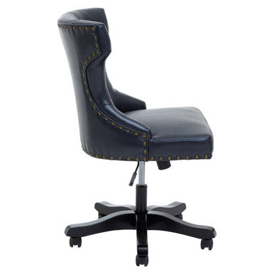 Dark blue leather effect home office chair with studded detailing and five-star base for stylish comfort