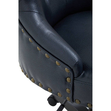 Dark blue leather office chair with brass nailhead trim perfect for black leather effect home office use