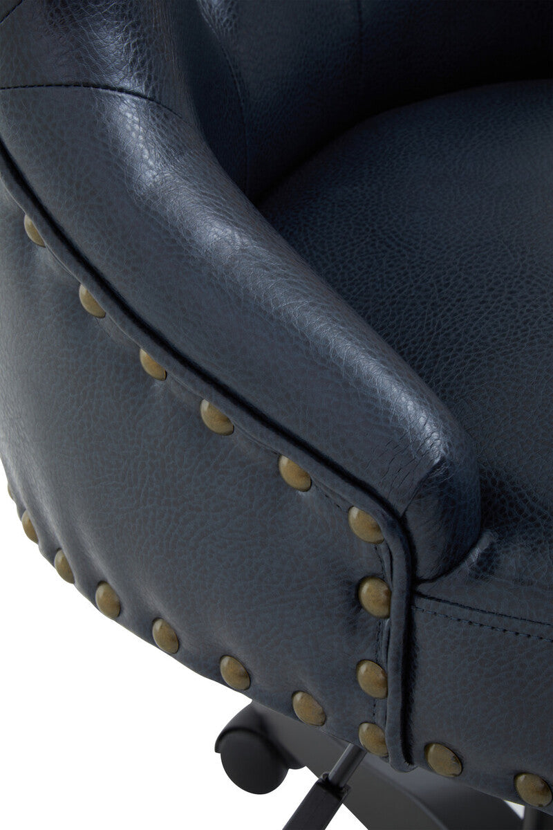 Dark blue leather office chair with gold-tone nailhead trim in black leather effect home office style