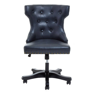 Walson black leather effect home office chair with dark blue tufted leather effect and nailhead trim five-star base