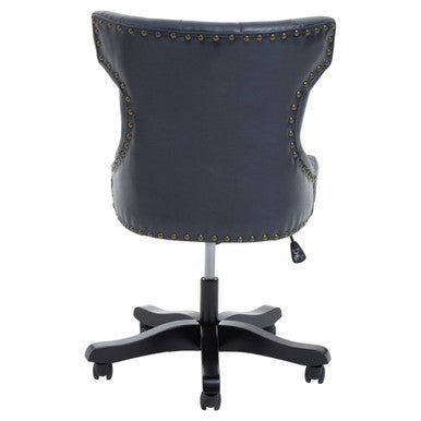 Dark blue walson office chair with black leather effect, brass nailhead trim, and black five-star base for home office