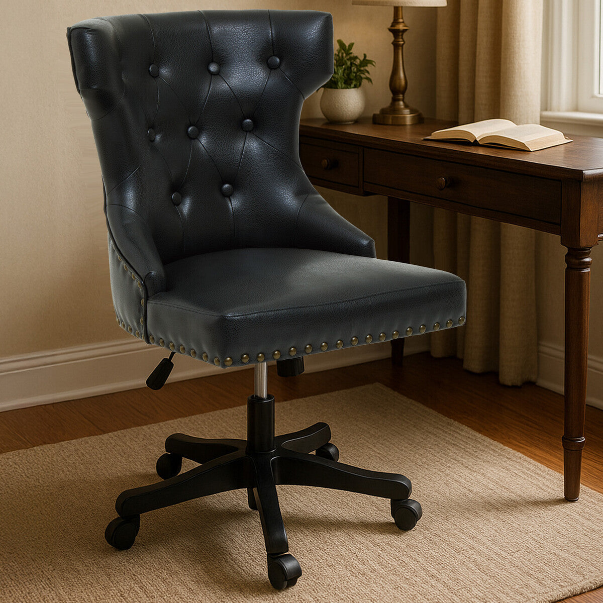 Walson black leather effect home office chair with tufted black leather effect upholstery and brass nailhead trim