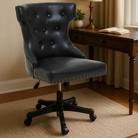 Walson black leather effect home office chair with tufted black leather effect upholstery and brass nailhead trim