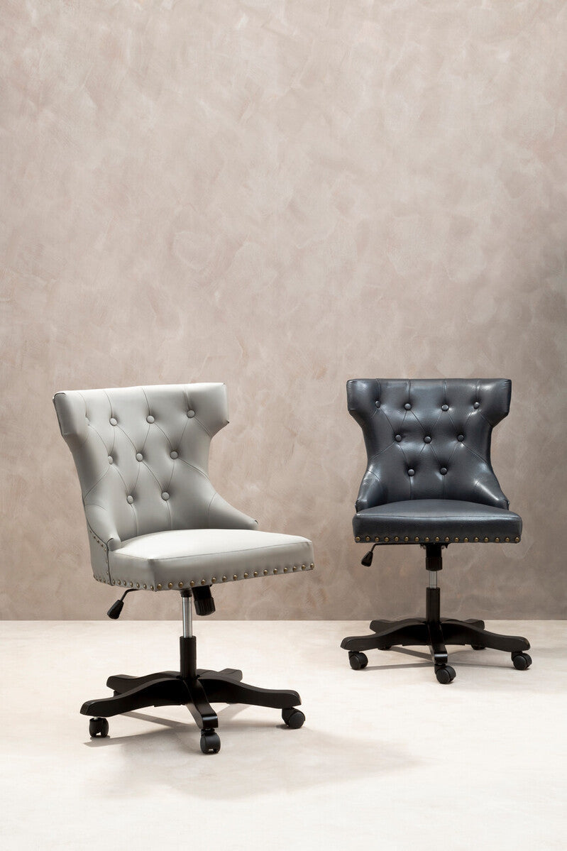 Two tufted office chairs with black leather effect bases in light gray and dark blue leather effect home office style