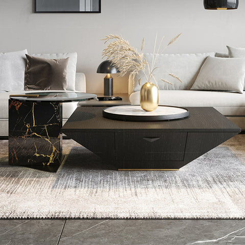 Black marble wanda nesting coffee table with gold veining and geometric design in nesting coffee table set