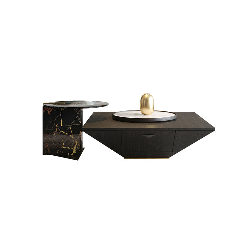 Modern black marble wanda nesting coffee table set with gold veining and geometric white top coffee table with gold spheres